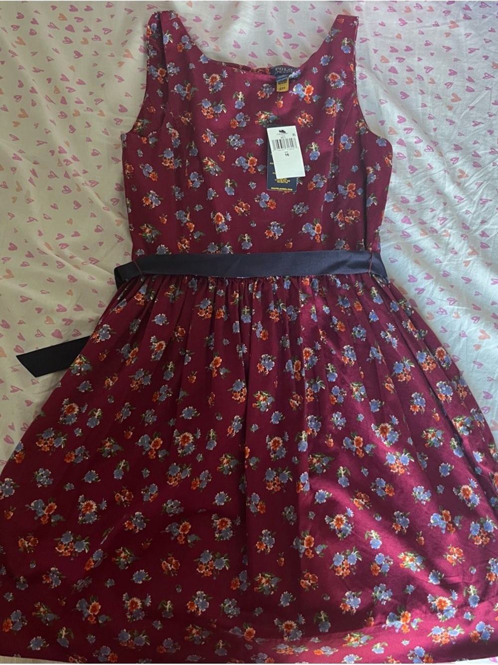 Polo by Ralph Lauren Burgundy Floral Fit-and-Flare Dress with Black Sash